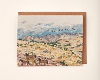 Carte de voeux peinte à la main, cheval, paysage occidental, cow-girl côtière