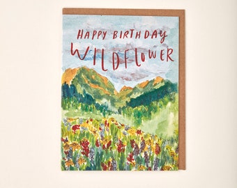 Happy Birthday Wildflower Mountain Hillside Super Bloom Alpine Painted Handmade Greeting Card