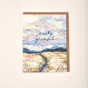 Carte de voeux, paysage vraiment reconnaissant, nature, prairie, montagne, aquarelle faite main