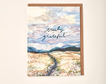 Truly Grateful Landscape Nature Prairie Mountain Handmade Watercolor Painting Greeting Card