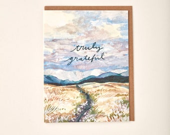 Truly Grateful Landscape Nature Prairie Mountain Handmade Eco Friendly Watercolor Painting Greeting Card