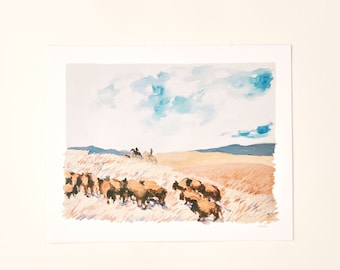 Bison Buffalo Herd Prairie Rustic Western Painting Art Print Wall Decor