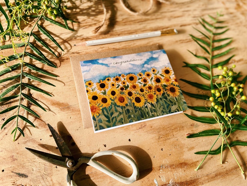 Congratulations Happy Sunflower Field Painted Handmade Greeting Card image 5