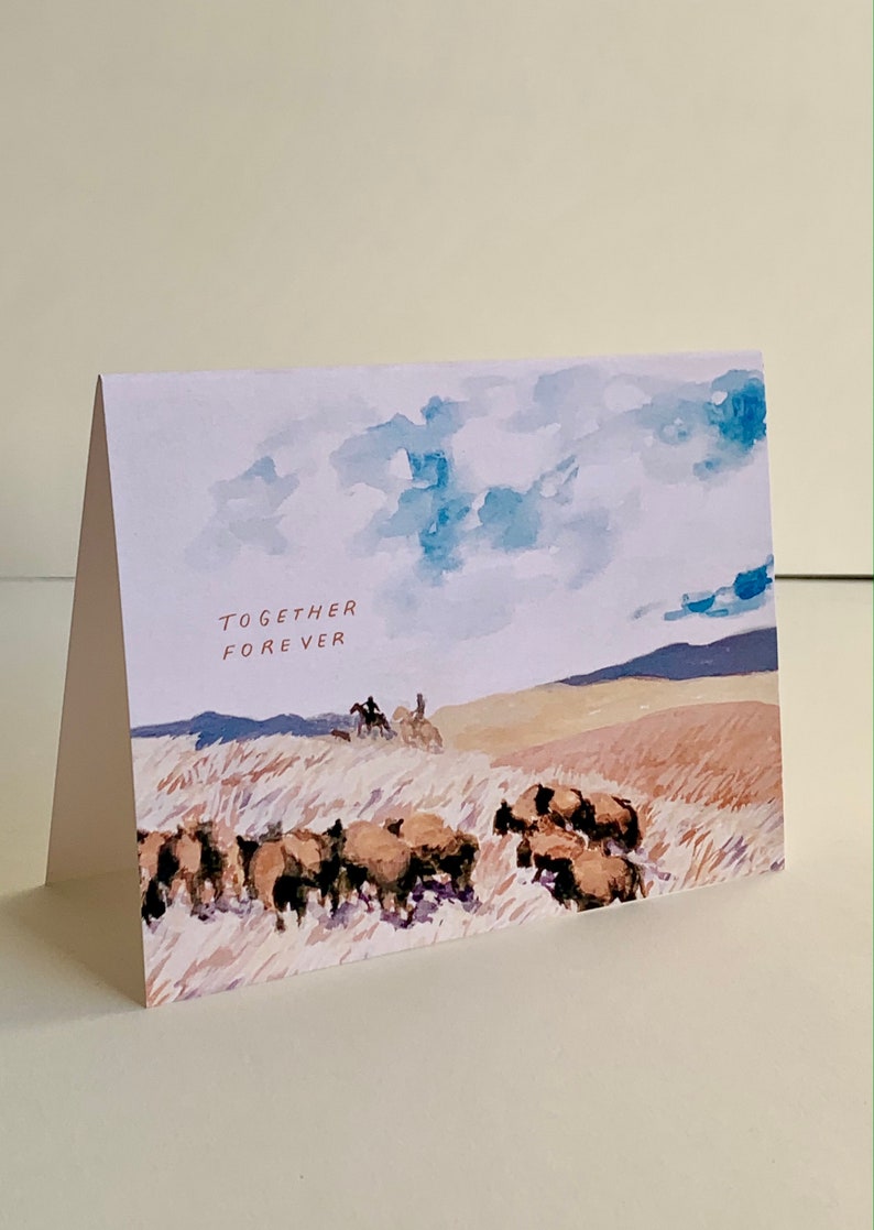 Together Forever Bison Western Prairie Landscape Rancher Handmade Painted Greeting Card image 7