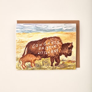 Bison Buffalo Baby Western Prairie Ręcznie Malowana Kartka Z Pozdrowieniami