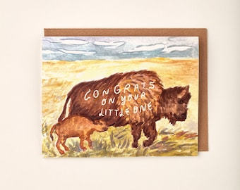 Bison Buffalo Baby Western Prairie Handmade Painted Greeting Card