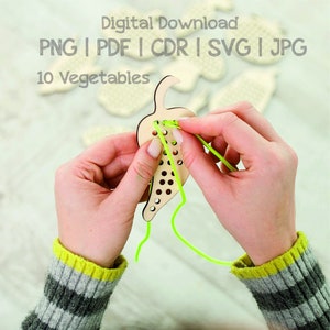 Giocattolo da allacciare Montessori, verdure tagliate al laser, giochi educativi, download digitale, file vettoriale, download istantaneo, SVG, Glowforge