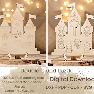 Puzzle della principessa delle fiabe, Progetto del castello della principessa, Download digitale del castello tagliato al laser, SVG vettoriale istantaneo, Dolce storia da favola CNC
