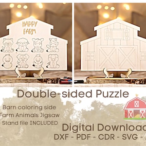 May include: Double-sided wooden puzzle featuring a barn with a farm animal jigsaw on one side and a blank barn for coloring on the other side. The puzzle includes a stand.
