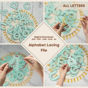 Set di lime per allacciatura con alfabeto Montessori per taglio laser, Glowforge SVG, DXF, CDR, ricamo Montessori per bambini, set per lavoretti, modello