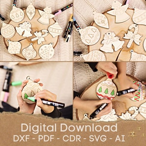 Ornements de Noël, fichiers découpés au laser, ornements en bois pour arbre de Noël SVG, téléchargement immédiat, cadeaux de Noël pour les enfants, motif d'ornement