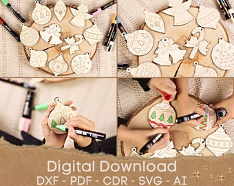 Ornamenti natalizi, File tagliati al laser, Ornamenti in legno per l'albero di Natale SVG, Download istantaneo, Regali di Natale per bambini, Ornamento
