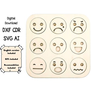 Plantilla de corte láser vectorial de emociones, archivo de corte de expresiones faciales, arte vectorial digital, archivo CNC, patrón CNC, SVG, rompecabezas