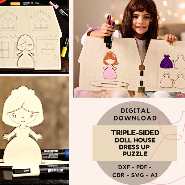 Doll House Laser Cut Puzzle, Girls Doll Set SVG, DXF, Dress Up Clothes For Little Girls Digital Download, DressUp Glowforge Gift Instant SVG
