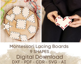 File di taglio laser con forme di giocattoli da allacciare Montessori (download digitale)