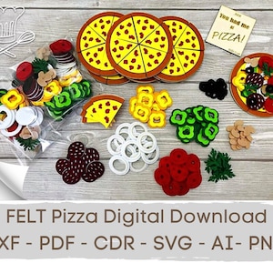 May include: Felt pizza craft set with various toppings including pepperoni, green peppers, mushrooms, and onions. The set includes a felt pizza base, a felt pizza slice, and a felt card that says "You had me at pizza!"