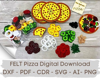 Modello per pizza in feltro, set per pizza in feltro, modello PDF, cibo giocattolo in feltro fai da te, giochi educativi, download digitale, file vettoriale, download istantaneo, SVG