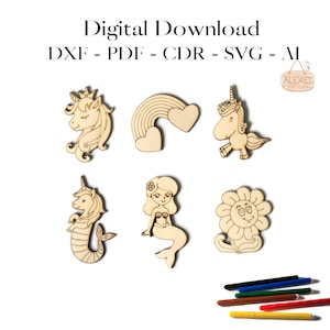Mermaid, Unicorns, Rainbow, Flower Vector Laser Cut Template, Glowforge Instant Download, CNC pattern, SVG, Puzzle, Digital Download