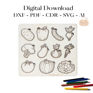 May include: A wooden board with 12 outlined images of vegetables and a flower. The board is ready for colouring with the included coloured markers.