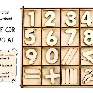 May include: A wooden box with 16 compartments, each containing a different wooden number, symbol, or letter. The numbers 1 through 9 are included, along with symbols for plus, minus, equals, and a question mark. The box is made of light brown wood and has a white background.