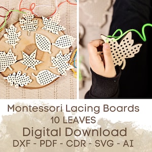 Brinquedo Montessori com Cadarço, Arquivo de Folhas de Outono Recortado a Laser, Jogos Educativos, Download Digital de Outono, Arquivo Vetorial, Download Instantâneo, SVG, Glowforge
