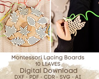 Giocattolo Montessori con foglie autunnali da intrecciare: file tagliato al laser (download digitale)