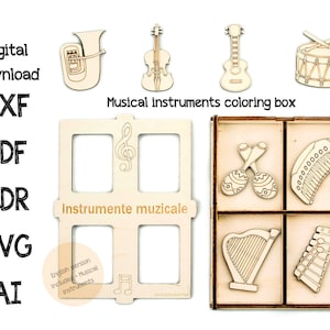 May include: A wooden box with six compartments for musical instrument cutouts. The box is labelled "Musical instruments colouring box". The cutouts include a tuba, violin, guitar, drum, maracas, accordion, harp, and xylophone.