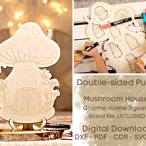 Zwerg Pilz Haus Puzzle, Gnom Glowforge Projekt, Gnom Laser geschnitten digitaler Download, sofortiger Download Vektor SVG, niedliche Zwerge CNC-Dateien