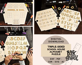 Puzzle in legno con casetta dell'alfabeto: giocattolo educativo (vettoriale digitale)