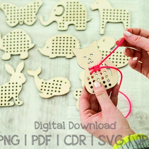 Montessori Schnürspielzeug, Tiere Laser Cut Datei, Lernspiele, digitaler Download, Vektordatei, Sofort Download, SVG, Glowforge, PDF, PNG