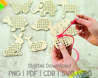 File di taglio laser del giocattolo da allacciare Montessori Animals (download digitale)