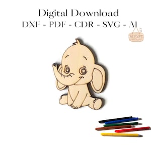 Modello di taglio laser vettoriale di elefante - File di taglio di elefantino - Arte vettoriale digitale - Glowforge - Modello CNC - SVG - Puzzle - Forma da colorare