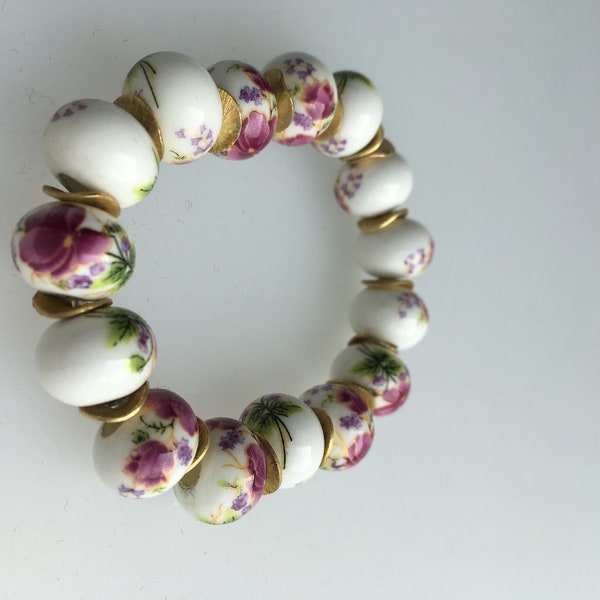 Bracelet ceramic beads & filigree floral motif