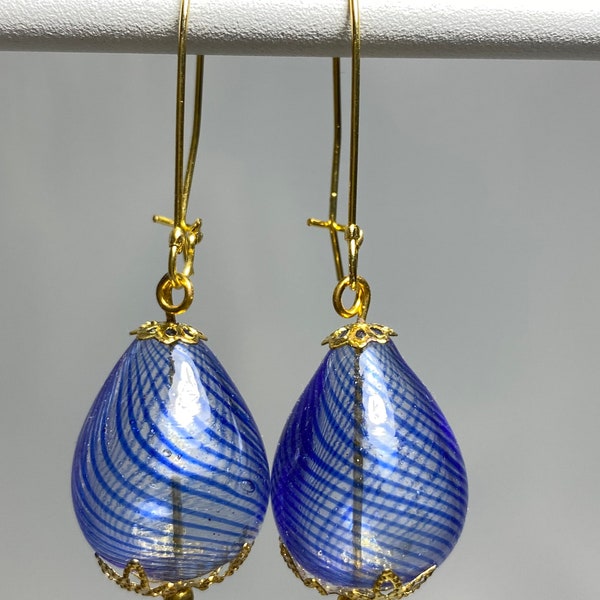 Earrings glass hollow bead blue striped