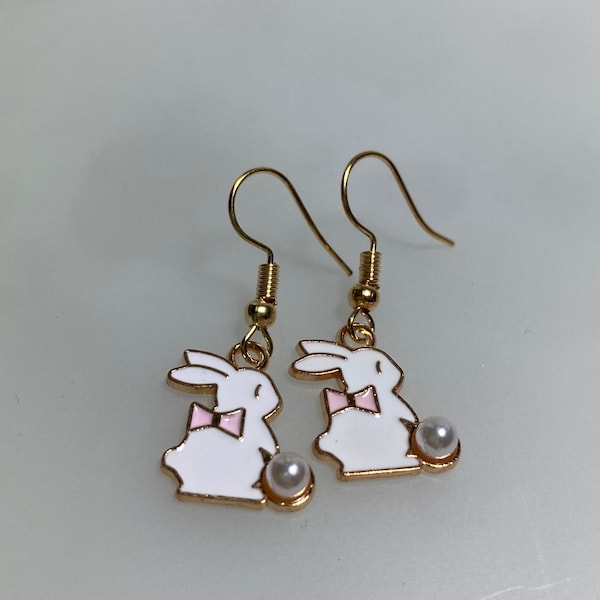 White Bunnies With Pearl Earrings