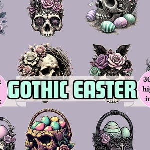Osterschädel Kunst | 24 x Gothic Oster PNGs | Hochauflösende Häschen-Schädel & Florale Schädel-Designs, Coole Gegenüberstellungen | Clipart mit Rand
