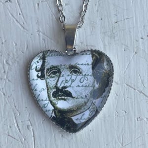 Edgar Allan Poe Necklace, Heart Pendant Necklace, Goth Jewelry for Readers