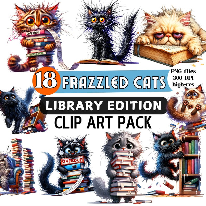 Funny Cats With Books PNG Clipart Bundle: Quirky Library Cat Designs ...