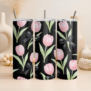 Pink Tulip Coquette Bogen Tumbler Wrap PNG | Floral Skinny 20 Unzen Tumbler Design - Frühlingsblume Digitaler Download für Dark Tumblers