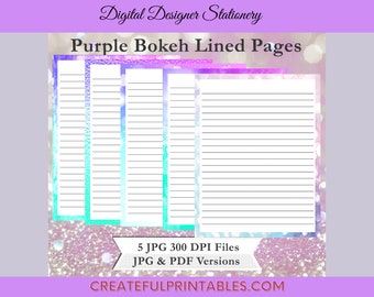 Digital Designer Stationery Purple Bokeh Lined Pages Printable Download