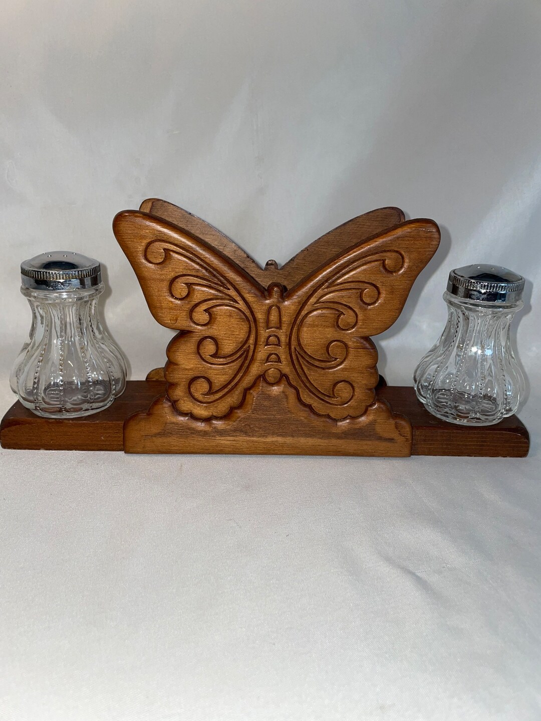 Vintage Wooden Butterfly Napkin Holder With Salt and Pepper Etsy