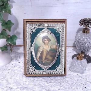 Celluloid Wood Jewelry Box Antique Distressed Luxe Chic Sew Court Decorative Trinket Storage Curio Paper Girl Bunny Paper Silver Green BOHO