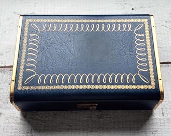 Farrington Blue Jewelry Box Velvet Midcentury Vintage 50s Regency Gold Gilt Vanity Chic Decor Earrings Rings Hard Travel Case Magenta Old