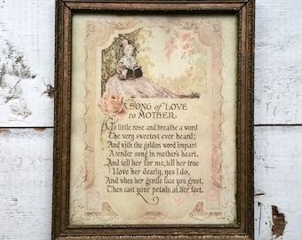 A Song of Love to Mother Antique 1926 Victorian Motto Graph Folk Art Framed Poem Poetry Print Wall Hanging Plaque Painting Decor Cottage Old