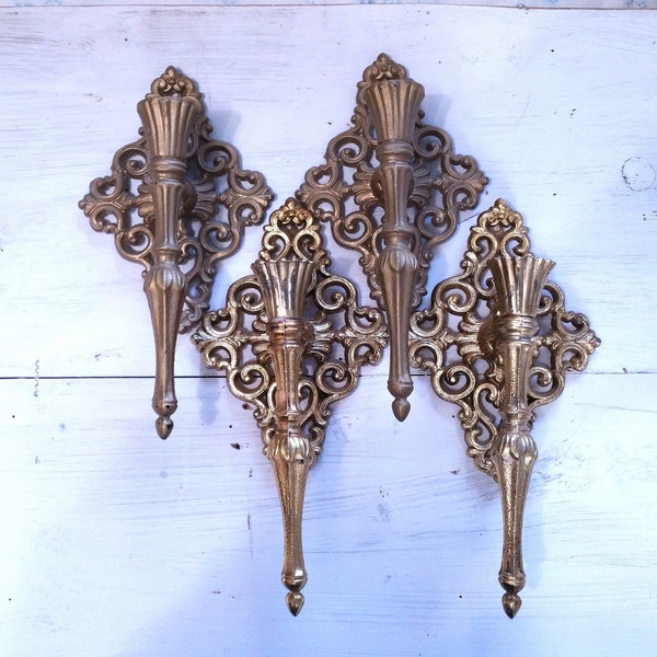 Choice Pair Metal Candle Holders Sconces Vintage Scrollwork Wall Plaques Hollywood Regency Ornate Elegant Luxury Accent French Shabby Chic