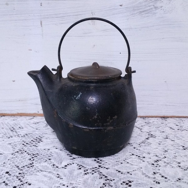 Antique Cast Iron Tea Kettle Salesman Sample Black Rustic Farmhouse Handle Kitchen Country Decor Distressed Patina Utensil Vintage Primitive