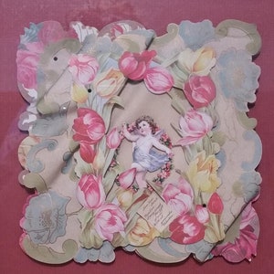 Carte de Saint-Valentin antique Love Lane, photo encadrée, voeux de Cupidon, Art nouveau, décoration murale en bois gravé, tenture murale en bois gravé victorien ancien