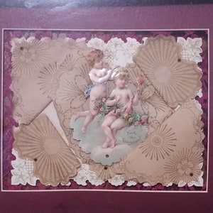 Rosso Antico Amorevole Amico Cupido Biglietto di San Valentino Immagine Incorniciata Saluto Post Art Nouveau Decorativo Legno Inciso Appendere alla Parete Vittoriano Vecchio