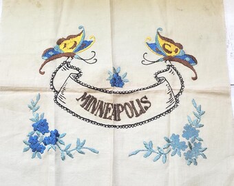 Minneapolis Needlework Cloth Linen Piece Fabric Embroidery Cross Stitch Flour Sack Flowers Butterfly Sewing Kit Antique Minnesota Pillow