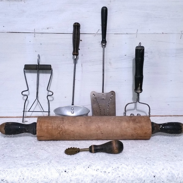 Choice Black Wood Handle Kitchen Utensil Instant Collection Masher Rolling Pin Retro Primitive Repurpose Mixer Vintage Farmhouse old
